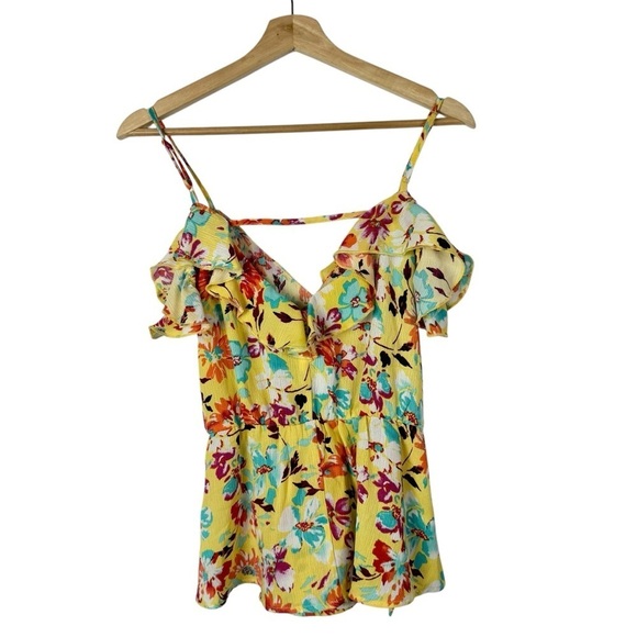 Lily White Yellow Floral Wrap Front Cold Shoulder Short Sleeve Top S - Picture 2 of 4